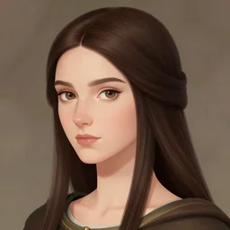 2 5 years old women : : dark straight hair : : brown medieval cloting, light armor, natural materials : : high detail, digital art, illustration, realistic, rpg, fantasy