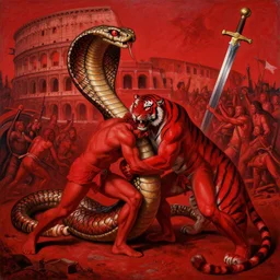 only with red, ney matogrosso wrestling with a giant cobra, a red tiger, in hoc signo vinces, 2 0 3 0 rome in background, an ancient sword and battle, painting by max earnst, intricate composition, red by caravaggio, insanely quality, highly detailed, masterpiece, red light,