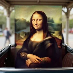 a woman sitting in a porche cabriolet!, looks like mona lisa, sharp focus, hyper realistic, centered, insanely detailed, a painting by leonardo da vinci