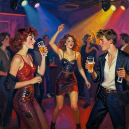 young people in a fancy nightclub dancing and drinking, partylights, great colors, in the style of ernie barnes, trending on artstation