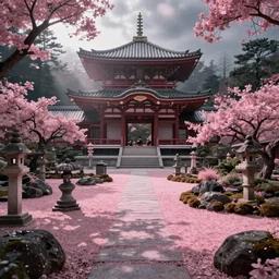 pink Japanese garden with a temple in the middle, volumetric lighting, haunting atmosphere, photorealistic, hyperdetailed, hyperrealism, hyperrealistic, cinematic