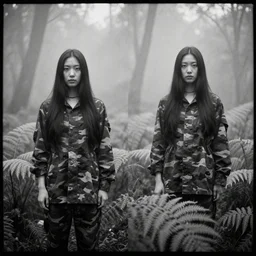 a female model with long black hair, standing in a dense misty forest of fern leaves wearing camouflage by yohji yamamoto, in the style of daido moriyama, double exposure, photography, camera obscura, black and white, sumi - e, superr 8 mm film