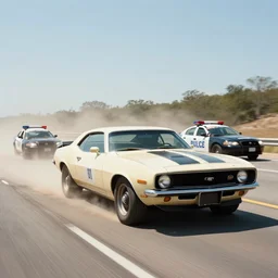 retro picture of a camaro mach 1 chased by police cars on a highway, dusty sunne day