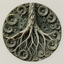 circular border with curly symmetrical designs, concept art, nature, fractals, depth of field, roots, fluid simulation in houdini, subsurface scattering, volumetric, natural muted tones, trending on artstation, rendered in octane, cgsociety