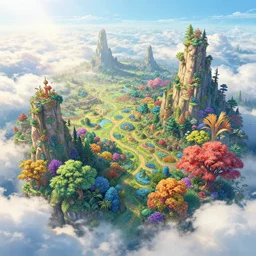 the landscape of an unimaginable and beautiful place with all types of colorful vegetation in the clouds, beyond the physical realm, an ultrafine hyperdetailed illustration by kim jung gi, irakli nadar, intricate linework, bright colors, octopath traveler, final fantasy, unreal engine 5 highly rendered, global illumination, radiant light, detailed and intricate environment