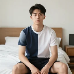 a half white half asian guy named nathan, sitting in his bedroom with a white gamer chair. headphones, black shirt watching a bright monitor in dark room