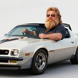Ron Swanson as lead actor in Smokey and the bandit, driving a 1977 Pontiac Firebird Trans Am Special Edition, high-detail photo 85mm f/8