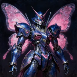 a baroque neoclassicist renaissance portrait of a dark blue and pink iridescent whimsical 1 8 0 0 s japanese mecha gundam butterfly horror witch. reflective detailed textures. intense glare, dark background. highly detailed fantasy science fiction painting by moebius, norman rockwell, frank frazetta, and syd mead. rich colors, high contrast. artstation