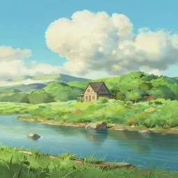 a serene landscape with a singular building near a river with rocks at sunshine, ghibli studio, anime style, pixar style, concept art, highly detailed, high quality, soft lighting, beautiful landscape, cartoon, high coherence, cloud in the sky, digital painting, masterpiece, digital art, breathtaking landscape, soft colors, beautiful