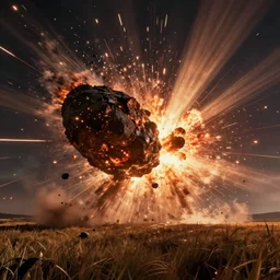 fall of large meteorite on planet. blast wave of big bang from collision of meteorite. meteorite explosion of sparks and fire, cinematic view, epic sky, detailed, concept art, low angle, high detail, warm lighting, volumetric, godrays, vivid, beautiful, trending on artstation, by jordan grimmer, huge scene, grass, art greg rutkowski