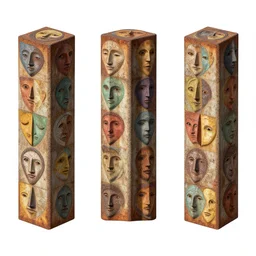 three point perspective, 3 6 0 panorama escher style pattern of colorful faces with the texture of old rust