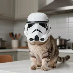 a cat wearing a stormtrooper helmet covering the whole face while on the kitchen table, standing up, 40nm lens, shallow depth of field, split lighting, 4k,