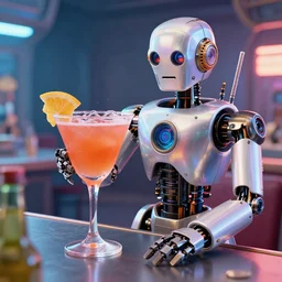 retrofuturism, scifi, robot drinking cocktail
