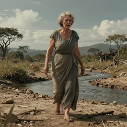Giant 65-year-old giant Gaia woman crying as she crosses a dried up river, highly-detailed, elegant, dramatic lighting, artstation, 4k, cinematic landscape