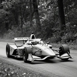 black and white photo of an indycar driving in a forest