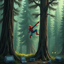 spiderman flying in air sticked to a web out of his hand to a tree in a green jungle with large pine trees, pine trees have cute eyes, there are left old computers on the ground