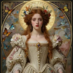 beautiful, young woman, in renaissance times, halo, detailed gorgeous face, sad eyes, vaporwave aesthetic, synthwave long luxurious gown made out of pearls, flowers and ribbons, digital art, butterflies, birds, digital painting, artstation, concept art, smooth, sharp focus, high definition, highly detailed illustration, art by artgerm and greg rutkowski and alphonse mucha