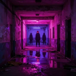 backrooms abandoned mall, ominous neon pink and purple vaporwave lighting, moldy walls and shallow water, shadowy tall figures in the distance, bright smile in a dark spot