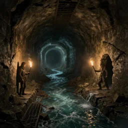 an adventurer with a torch stands in a long sewer tunnel with two exits. a waist - deep stream with brackish water flows through them. fantasy art, underground, crumbling masonry, darkness, sewage falling from grates, abandoned spaces, torchlight. concept art for darkest dungeon.