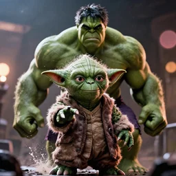 yoda as the hulk the hulk in gears of war, splash art, movie still, cinematic lighting, dramatic, octane render, long lens, shallow depth of field, bokeh, anamorphic lens flare, 8 k, hyper detailed, 3 5 mm film grain