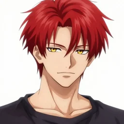 portrait of hisoka morow hunter hunter, male, sharp jaw thin lips yellow eyes narrow sultry soft eyes red hair soft hair swept back crimson medium length hair, anime, fantasy, intricate, elegant, highly detailed concept art, smooth, sharp focus, illustration, art by artgerm and greg rutkowski and alphonse mucha