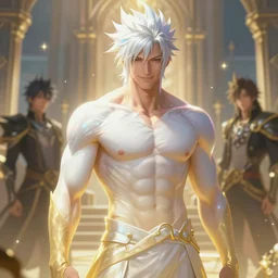 fullbody portrait of a fit male with strange hairs, soft smile, final fantasy, league of legends champion, strong iridescent light, by chengwei pan and sakimichan and greg rutkowski and alphonse mucha, gradient white to gold, in front of a magical building background, highly detailed portrait, digital painting, smooth, focus illustration