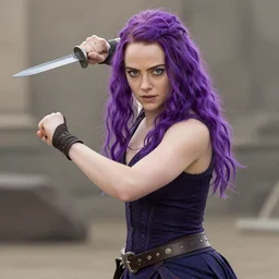 purple-haired Emma Stone, epic knife battle pose, cinematic, 4k, hyper realistic, super detailed