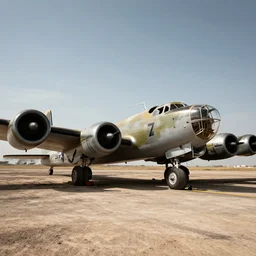 A destroyed B-29 Superfortress at an airbase undergoing routine maintenance, wasteland, sun overhead, Second World War, hyper realistic, super detailed, 4k, HDR, sharp focus, shading
