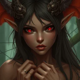 forest nymph brown skin, demonic eyes, low fantasy, extremely detailed, sharp focus, smooth, digital illustration, by rossdraws, frank franzzeta, sakimichan, corrected hand, perfect hands