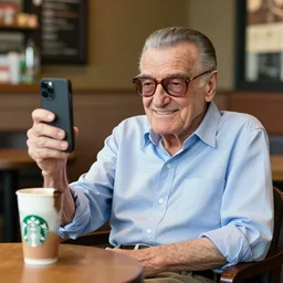 stan lee sitting inside a starbucks and taking a picture of his drink cup with his iphone 1 2, black and white photo, real, photorealistic