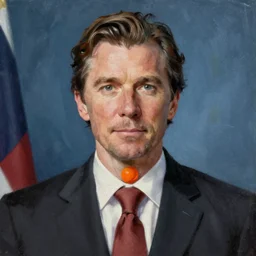 a presidential painting of a president with no head, and only an orange sphere above his neck, played by christian bale