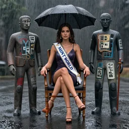 3 d octane render of miss of the world in the rain sitting on the chair by conrad roset and conrad roset and conrad roset and basquiat