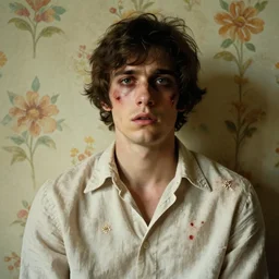 a beautiful but sinister young man in layers of fear, with haunted eyes and wearing a linen shirt, 1 9 7 0 s, seventies, floral wallpaper, wilted flowers, a little blood, morning light showing injuries, delicate embellishments, painterly, offset printing technique, by brom, robert henri, walter popp