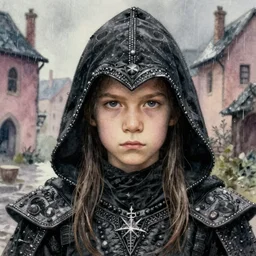 quiet, no smile, 4 0 years old male, serious, no smile, robber, long straight hair, wearing black assassin medieval richly decorated hood, wlop, artgerm, jason chan, charlie bowater, sergey kolesov, medieval, fantasy d & d, watercolor on paper, hyper detail portrait, closeup on face, dark pastel building in the rain on the background
