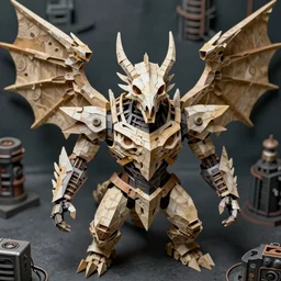 kobold winged bone dragonshield overseer, symmetrical face, art by richard bassford and melvyn grant and den beauvais, trending on artstation, dark atmospheric lighting aerial view realism, tilt - shift, closeup, industrialpunk papier - colle