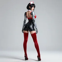 girl wearing robotic suit, high detail, back view, tight suit, nurse's leather suit, in red velvet stockings, red bra, high shoes, full length, very anime, fine - face, audrey plaza, realistic shaded perfect face, fine details. anime. realistic shaded lighting poster by ilya kuvshinov katsuhiro otomo ghost