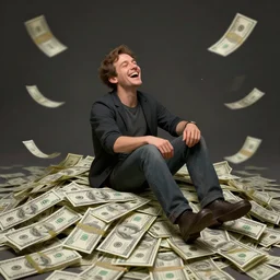 a very small adult man sitting, laughing on a large pile of money, digital art, alex ross