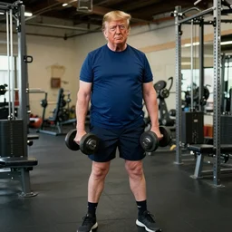 trump in a gym holding dumbbells