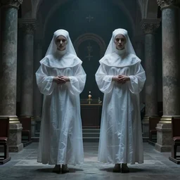 award winning photo Floating twin nuns wearing translucent habits Very long arms, in a sanctuary, eerie, frightening —width 1024 —height 1024