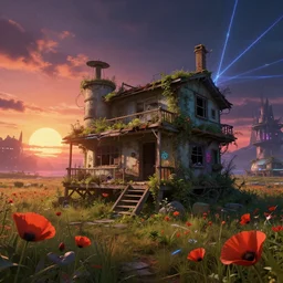 a beautiful hyperdetailed illustration of architecture abandoned tiny home by noah bradley, reclaimed by nature dieselpunk myst nature evil vice city sunset dramatic lighting poppy fantasy elysian lightpaint vaporwave meadow laser atlantis at night futuristic darkacademia tron sunlight landscape fisheye, archdaily, wallpaper, highly detailed, trending on artstation.