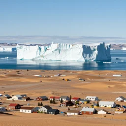 giant iceberg floating on top of a very small desert town, panoramic view, daytime, hyper detailed, 4 k