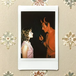 an instant photo of a girl meeting the devil in the rain at night, 1 9 7 0 s, seventies, wallpaper, delicate embellishments, painterly, offset printing technique, by brom, robert henri, walter popp