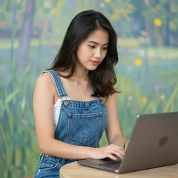 philipino young woman with jeans overalls typing on laptop by monet