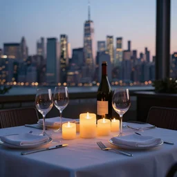 beautiful glowing candle - lit dinner with wine bottle overlooking the new york city skyline