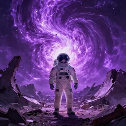 one small astronaut standing in the ruins of crux prime, purple fiery maelstrom in the distance, digital art, artstationhq