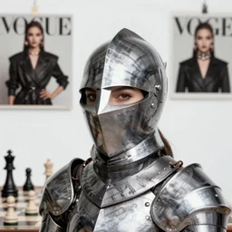 head and shoulders portrait of a female knight, chessboard, vogue fashion photo