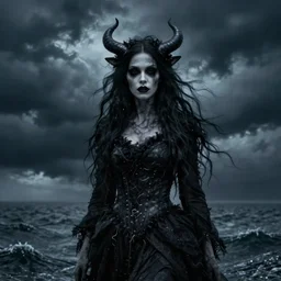 a portrait of a creepy sea witch with dark turbulent skies, photorealistic, by jessica rossier, 4 k resolution