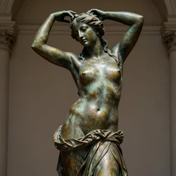 detailed photo of an old bronze patina statue of beautiful seducing woman, full body portrait, various classical pose, photorealism, intricate detail, museum diffuse lighting