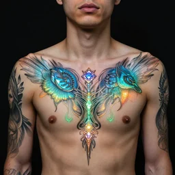 a young man has beautiful tattoos on his chest and shoulders, and glowing tattoos with intricate and elegant linework and glowing colors and gradients by rebecca guay and michelangelo, style of cubic zirconia