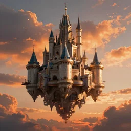 futuristic castle floating in the sky, during sunset, orange clouds, digital drawing, concept art, high details, reflections, fantasy looking